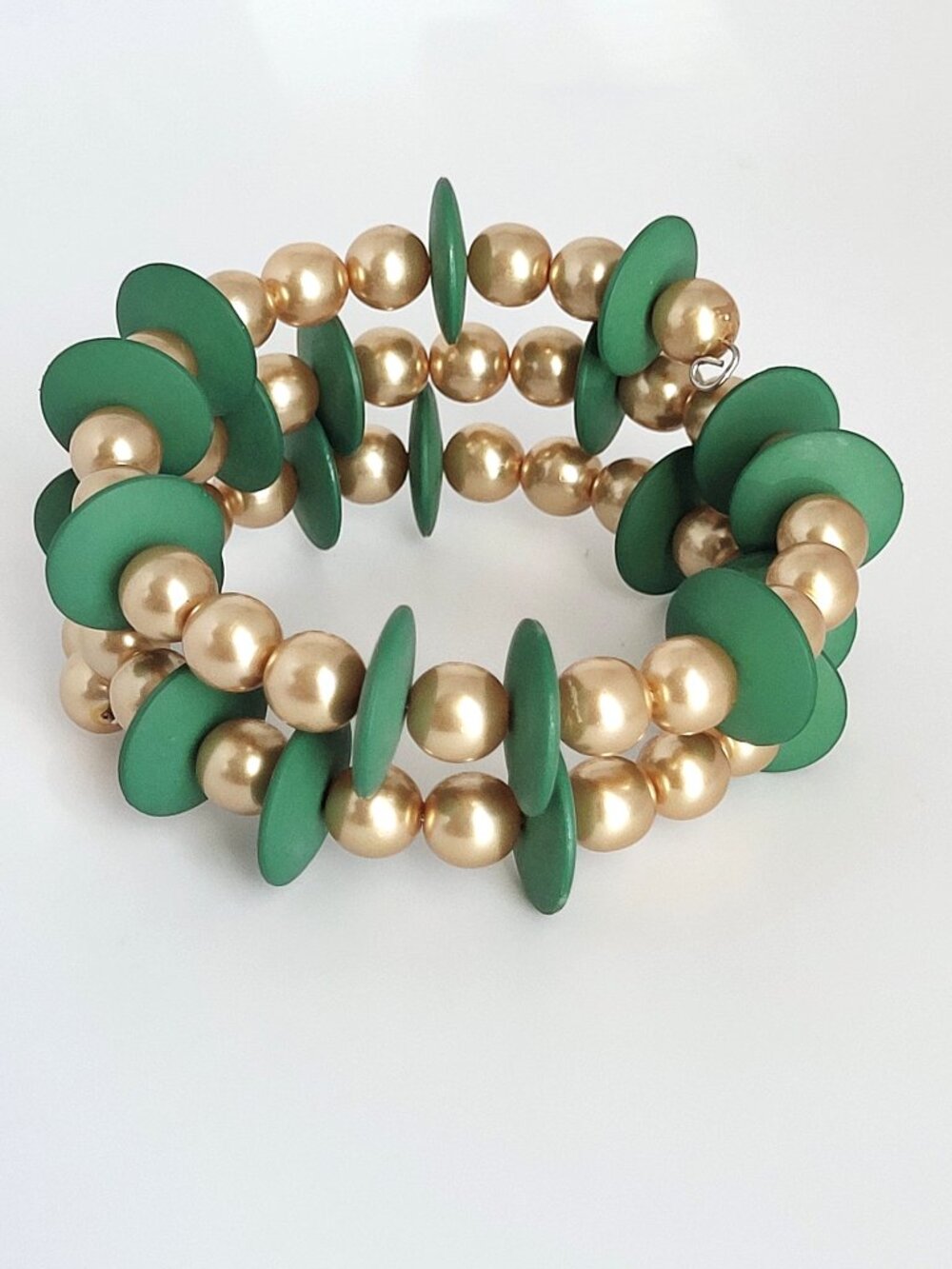 Vintage Chunky Wrap Coil Bracelet Gold Glass Faux Pearl Bead Green Disc